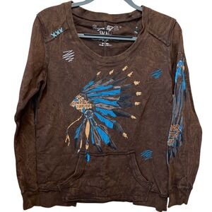 Cowgirl Tuff Co Womens Brown Acid Wash Headdress Graphic Sweatshirt Small‎ Small